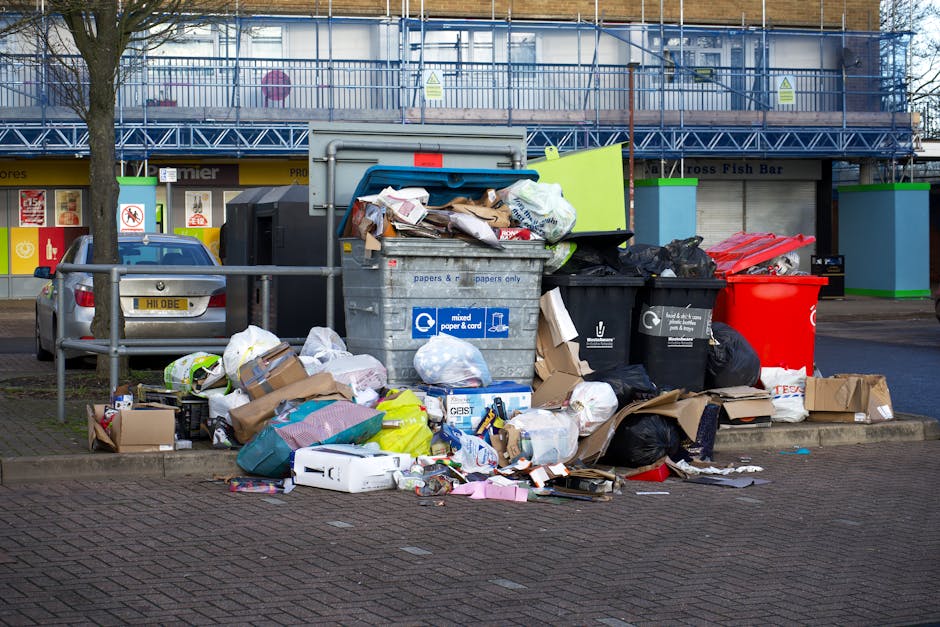 A row of large, rectangular wheelie bins positioned along a sidewalk next to a brick wall, with the bins arranged in alternating colors of blue, red, and green. The green bin in the foreground has a t